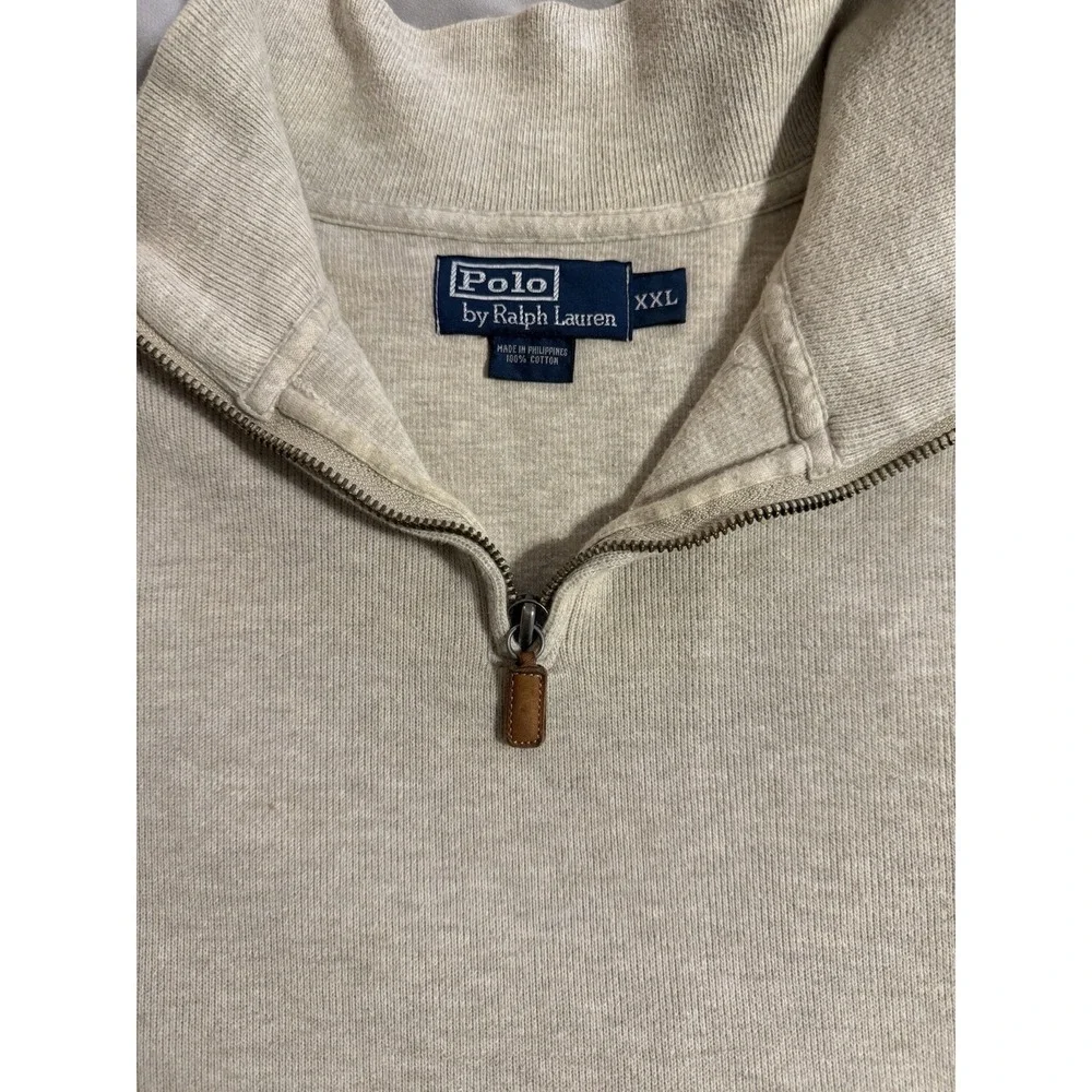 Polo Ralph Lauren Sweater Men's 2XL Cream 1/4 Zip Pullover Mock Neck Brown Pony